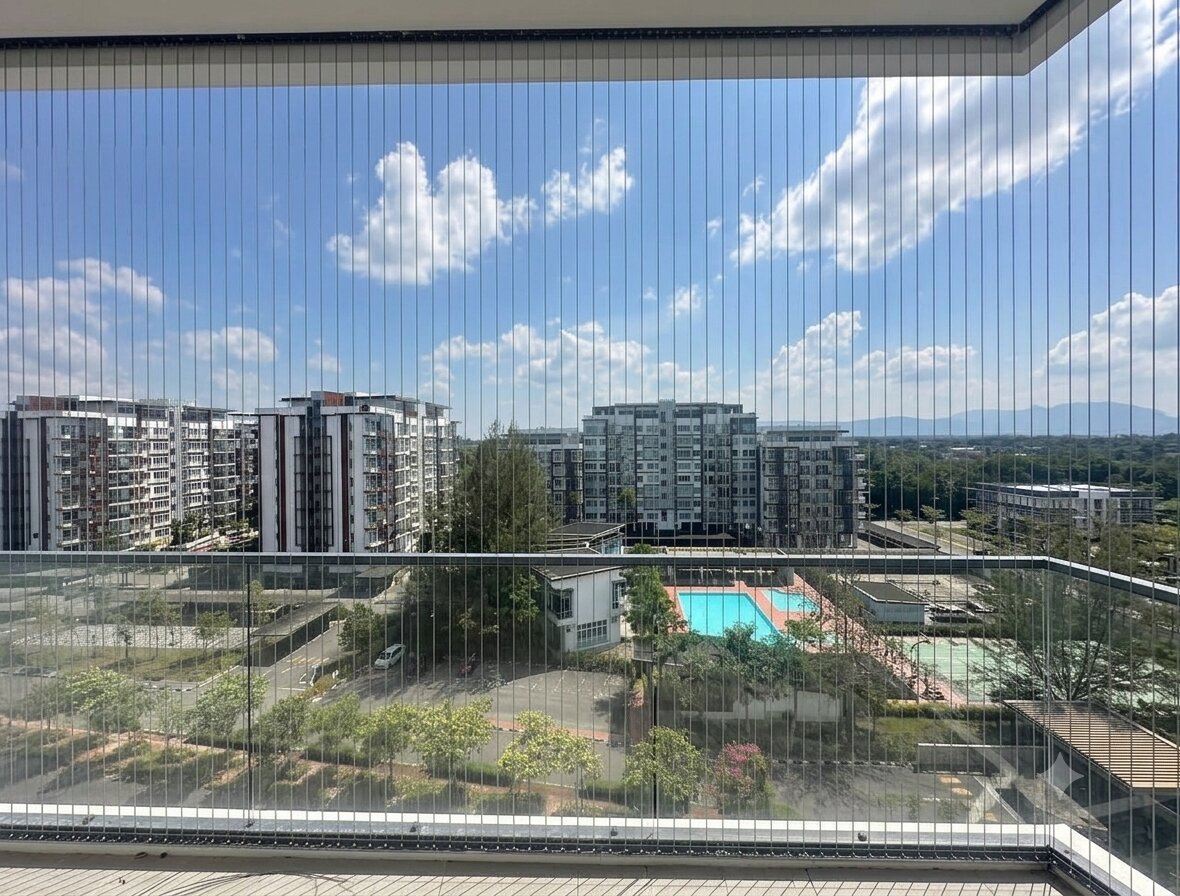 Invisible grille installation on a Kuching condo balcony — stainless steel cable safety grille