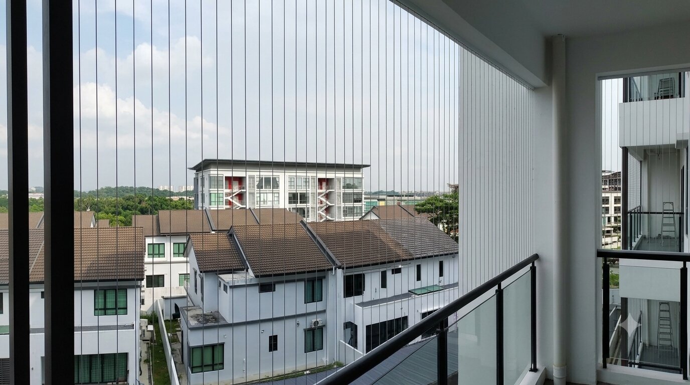 Close-up of invisible grille cable tensioning on a window, Kuching interior design project
