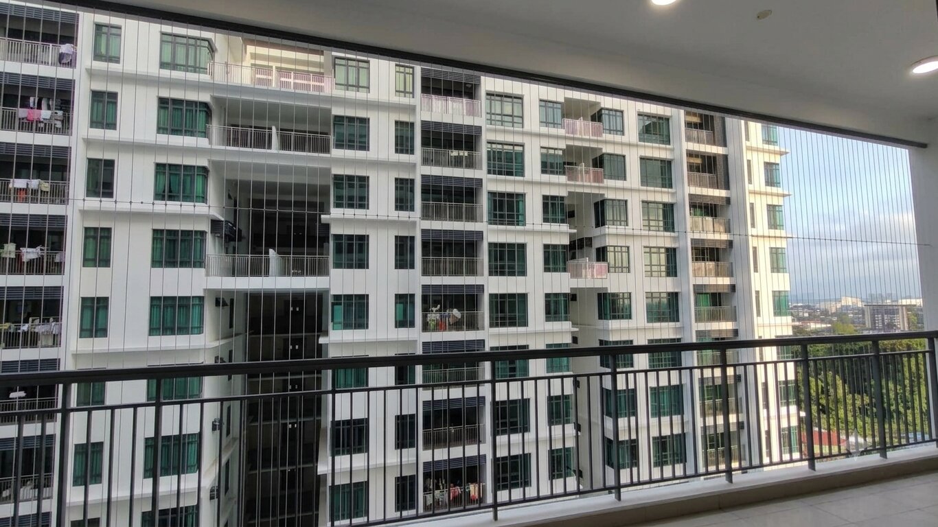 Invisible grille safety barrier fitted to a high-rise window, Kuching